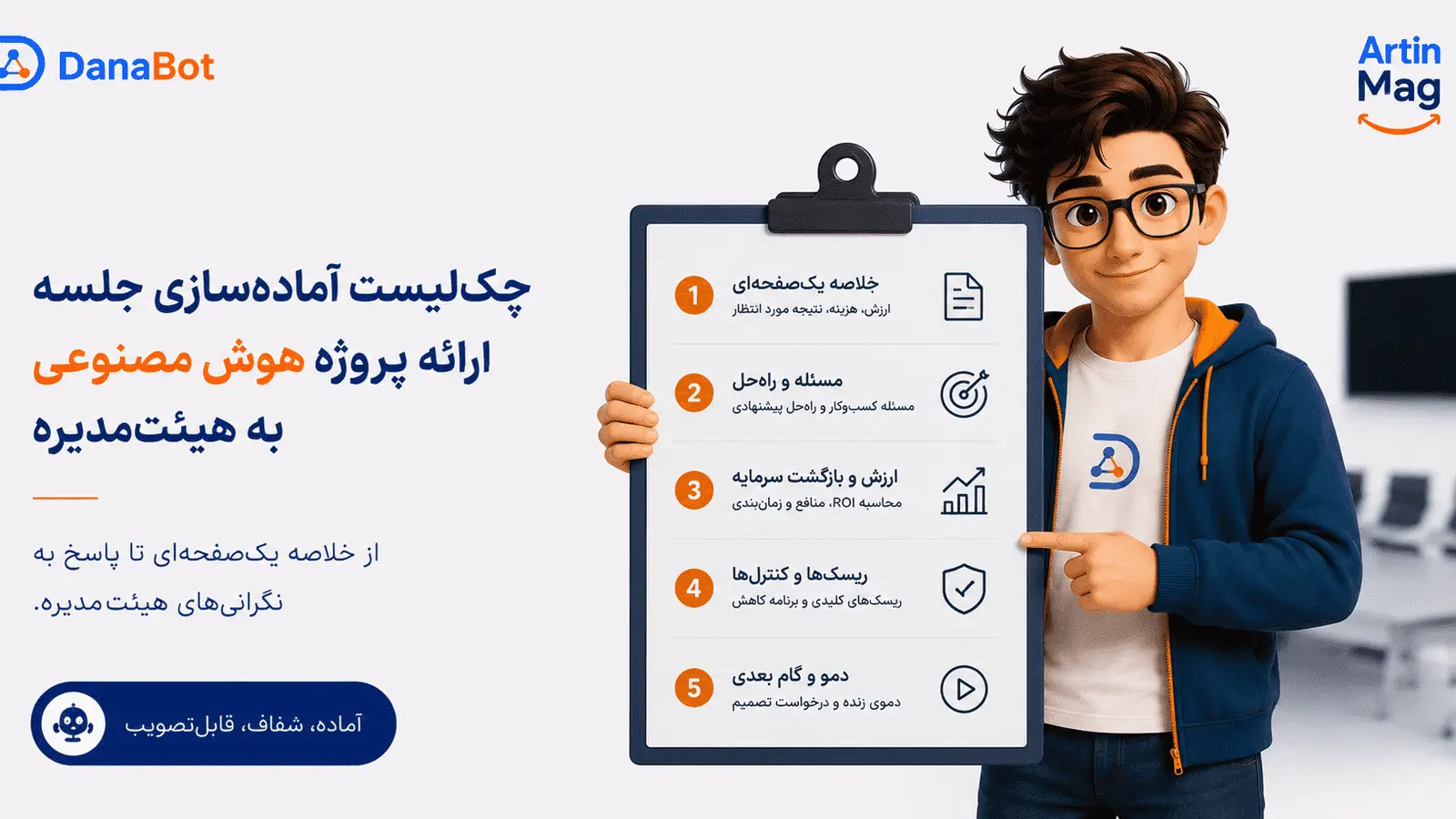 چکلیست آمادهسازی جلسه ارائه پروژه هوش مصنوعی به هیئتمدیره — پنج مورد عملی