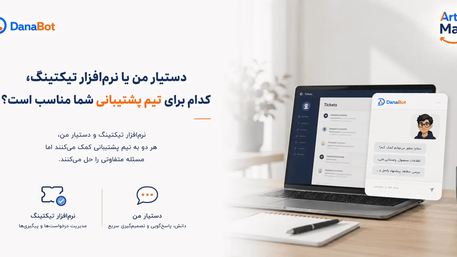 دستیار من دانابات در مقابل نرمافزار تیکتینگ برای تیم پشتیبانی